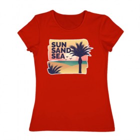 Женская футболка хлопок с принтом Солнце, песок, море в Тюмени, 100% хлопок | прямой крой, круглый вырез горловины, длина до линии бедер, слегка спущенное плечо | лето | море | отдых | пальма | песок | пляж | путешествия | солнце