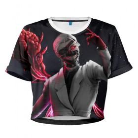 Женская футболка Cropp-top с принтом Ken Kaneki в Тюмени, 100% полиэстер | круглая горловина, длина футболки до линии талии, рукава с отворотами | anime | blood | eyepatch | ghoul | kaneki | ken | one eyed | tokyo | tokyoghoul | гуль | канеки | кен | кровь | одноглазый | токийский