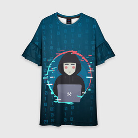 Детское платье 3D с принтом Anonymous hacker в Тюмени, 100% полиэстер | прямой силуэт, чуть расширенный к низу. Круглая горловина, на рукавах — воланы | Тематика изображения на принте: anonymous | hacker | it | аноним | взлом | компьютер | ноутбук | программист | хакер