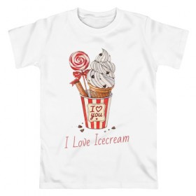 Мужская футболка хлопок с принтом I Love Icecream в Тюмени, 100% хлопок | прямой крой, круглый вырез горловины, длина до линии бедер, слегка спущенное плечо. | Тематика изображения на принте: icecream | любовь | мороженое | сладость