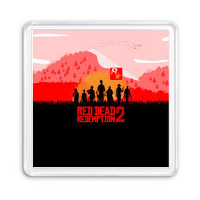 Магнит 55*55 с принтом RED DEAD REDEMPTION 2 в Тюмени, Пластик | Размер: 65*65 мм; Размер печати: 55*55 мм | Тематика изображения на принте: game | red dead | red dead redemption 2 | redemption 2 | rockstar games | бандиты | дикий запад | игры | ковбои | оружие