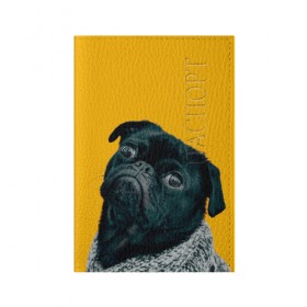 Обложка для паспорта матовая кожа с принтом Бульдожка в Тюмени, натуральная матовая кожа | размер 19,3 х 13,7 см; прозрачные пластиковые крепления | Тематика изображения на принте: бульдог | паг | пес | собака | черный