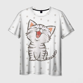 Мужская футболка 3D с принтом Милейший Котик в Тюмени, 100% полиэфир | прямой крой, круглый вырез горловины, длина до линии бедер | Тематика изображения на принте: cat | cats | cute | kitten | kitty | pussy | smile | звезды | кот | котенок | котик | котики | коты | котята | кошечка | кошечки | кошка | кошки | милая | милота | милый | полосатый | смеется | улыбается | улыбака | улыбка