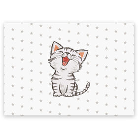 Поздравительная открытка с принтом Милейший Котик в Тюмени, 100% бумага | плотность бумаги 280 г/м2, матовая, на обратной стороне линовка и место для марки
 | Тематика изображения на принте: cat | cats | cute | kitten | kitty | pussy | smile | звезды | кот | котенок | котик | котики | коты | котята | кошечка | кошечки | кошка | кошки | милая | милота | милый | полосатый | смеется | улыбается | улыбака | улыбка