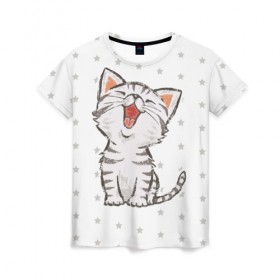 Женская футболка 3D с принтом Милейший Котик в Тюмени, 100% полиэфир ( синтетическое хлопкоподобное полотно) | прямой крой, круглый вырез горловины, длина до линии бедер | cat | cats | cute | kitten | kitty | pussy | smile | звезды | кот | котенок | котик | котики | коты | котята | кошечка | кошечки | кошка | кошки | милая | милота | милый | полосатый | смеется | улыбается | улыбака | улыбка