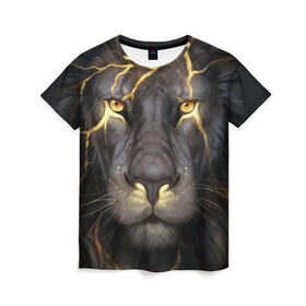 Женская футболка 3D с принтом Лев с молнией в Тюмени, 100% полиэфир ( синтетическое хлопкоподобное полотно) | прямой крой, круглый вырез горловины, длина до линии бедер | глаза | гроза | зверь | король | кот | кошка | прайд | царь | шрам