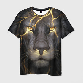 Мужская футболка 3D с принтом Лев с молнией в Тюмени, 100% полиэфир | прямой крой, круглый вырез горловины, длина до линии бедер | глаза | гроза | зверь | король | кот | кошка | прайд | царь | шрам