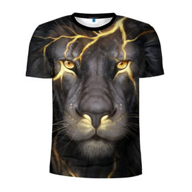 Мужская футболка 3D спортивная с принтом Лев с молнией в Тюмени, 100% полиэстер с улучшенными характеристиками | приталенный силуэт, круглая горловина, широкие плечи, сужается к линии бедра | глаза | гроза | зверь | король | кот | кошка | прайд | царь | шрам