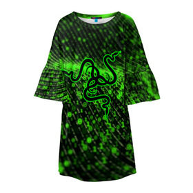 Детское платье 3D с принтом RAZER в Тюмени, 100% полиэстер | прямой силуэт, чуть расширенный к низу. Круглая горловина, на рукавах — воланы | Тематика изображения на принте: 101 | brand | company | gamer | green | logo | mamba | naga | player | razer | rzr | snake | бренд | железо | зеленый | змея | компания | лого | рейзер | софт