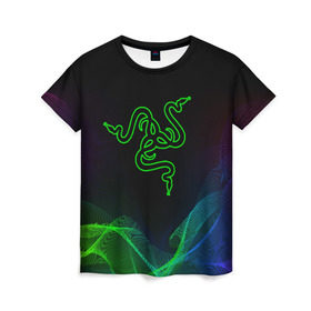 Женская футболка 3D с принтом RAZER в Тюмени, 100% полиэфир ( синтетическое хлопкоподобное полотно) | прямой крой, круглый вырез горловины, длина до линии бедер | 101 | brand | company | gamer | green | logo | mamba | naga | player | razer | rzr | snake | бренд | железо | зеленый | змея | компания | лого | рейзер | софт