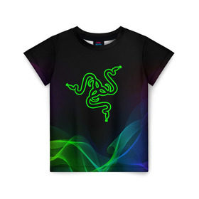 Детская футболка 3D с принтом RAZER в Тюмени, 100% гипоаллергенный полиэфир | прямой крой, круглый вырез горловины, длина до линии бедер, чуть спущенное плечо, ткань немного тянется | 101 | brand | company | gamer | green | logo | mamba | naga | player | razer | rzr | snake | бренд | железо | зеленый | змея | компания | лого | рейзер | софт