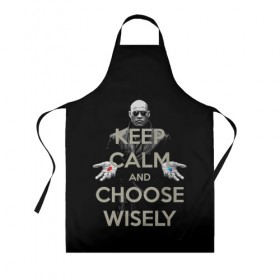 Фартук 3D с принтом Keep calm and choose wisely в Тюмени, 100% полиэстер | общий размер — 65 х 85 см, ширина нагрудника — 26 см, горловина — 53 см, длина завязок — 54 см, общий обхват в поясе — 173 см. Принт на завязках и на горловине наносится с двух сторон, на основной части фартука — только с внешней стороны | art | film | keep calm | matrix | neo | ttdwakeupneo | выбирай с умом | выбор | кип калм | красная | матрица | морфиус | нео | пилюли | реальность | руки | синяя | тринити | черный