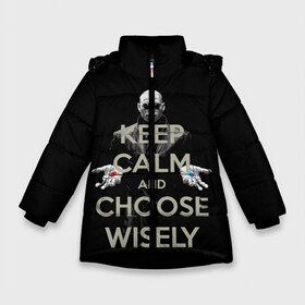 Зимняя куртка для девочек 3D с принтом Keep calm and choose wisely в Тюмени, ткань верха — 100% полиэстер; подклад — 100% полиэстер, утеплитель — 100% полиэстер. | длина ниже бедра, удлиненная спинка, воротник стойка и отстегивающийся капюшон. Есть боковые карманы с листочкой на кнопках, утяжки по низу изделия и внутренний карман на молнии. 

Предусмотрены светоотражающий принт на спинке, радужный светоотражающий элемент на пуллере молнии и на резинке для утяжки. | art | film | keep calm | matrix | neo | ttdwakeupneo | выбирай с умом | выбор | кип калм | красная | матрица | морфиус | нео | пилюли | реальность | руки | синяя | тринити | черный