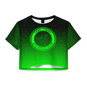 Женская футболка 3D укороченная с принтом RAZER SPACE в Тюмени, 100% полиэстер | круглая горловина, длина футболки до линии талии, рукава с отворотами | 101 | brand | company | gamer | green | logo | mamba | naga | player | razer | rzr | snake | space | бренд | железо | зеленый | змея | компания | космос | лого | рейзер | софт