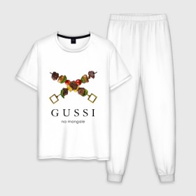 Мужская пижама хлопок с принтом Gussi na mangale в Тюмени, 100% хлопок | брюки и футболка прямого кроя, без карманов, на брюках мягкая резинка на поясе и по низу штанин
 | антибренд | гуси на мангале | стиль | юмор