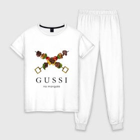 Женская пижама хлопок с принтом Gussi na mangale в Тюмени, 100% хлопок | брюки и футболка прямого кроя, без карманов, на брюках мягкая резинка на поясе и по низу штанин | антибренд | гуси на мангале | стиль | юмор