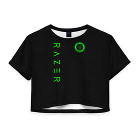 Женская футболка 3D укороченная с принтом RAZER в Тюмени, 100% полиэстер | круглая горловина, длина футболки до линии талии, рукава с отворотами | 101 | brand | company | gamer | green | logo | mamba | naga | player | razer | rzr | snake | бренд | железо | зеленый | змея | компания | лого | рейзер | софт