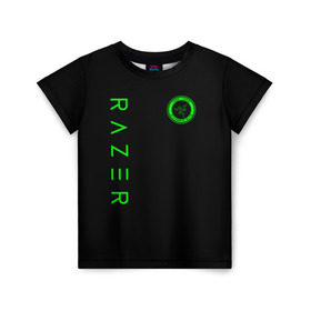 Детская футболка 3D с принтом RAZER в Тюмени, 100% гипоаллергенный полиэфир | прямой крой, круглый вырез горловины, длина до линии бедер, чуть спущенное плечо, ткань немного тянется | 101 | brand | company | gamer | green | logo | mamba | naga | player | razer | rzr | snake | бренд | железо | зеленый | змея | компания | лого | рейзер | софт