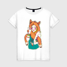 Женская футболка хлопок с принтом Девушка лиса в Тюмени, 100% хлопок | прямой крой, круглый вырез горловины, длина до линии бедер, слегка спущенное плечо | 