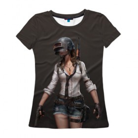 Женская футболка 3D с принтом PUBG girl в Тюмени, 100% полиэфир ( синтетическое хлопкоподобное полотно) | прямой крой, круглый вырез горловины, длина до линии бедер | battle | battlegrounds | deathmatch | playerunknowns | royale | бой | выживание | девушка | оружие | состязание