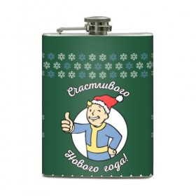 Фляга с принтом Vault boy: happy new year в Тюмени, металлический корпус | емкость 0,22 л, размер 125 х 94 мм. Виниловая наклейка запечатывается полностью | 