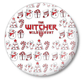 Значок с принтом The Witcher Новогодний в Тюмени,  металл | круглая форма, металлическая застежка в виде булавки | wild hunt | арбалет | ведьмак 3 | геральт | год | дикая | магия | новый | охота | снег | цири
