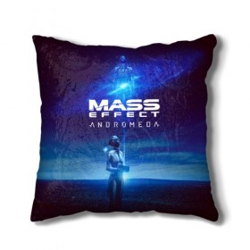 Подушка 3D с принтом MASS EFFECT ANDROMEDA в Тюмени, наволочка – 100% полиэстер, наполнитель – холлофайбер (легкий наполнитель, не вызывает аллергию). | состоит из подушки и наволочки. Наволочка на молнии, легко снимается для стирки | amdromeda initiative | andromeda | game | gun | hemet | n7 | rifle | ryder | soldier | space | star | weapon