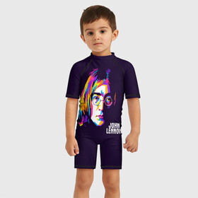 Детский купальный костюм 3D с принтом Джон Леннон в Тюмени, Полиэстер 85%, Спандекс 15% | застежка на молнии на спине | the beatles | битлз | британия | джон | леннон | ленон | рок | рок н ролл | хард рок | хиппи
