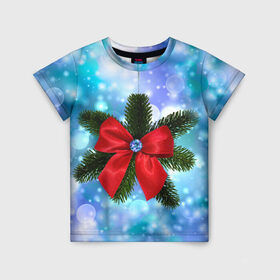 Детская футболка 3D с принтом Новогодний бантик в Тюмени, 100% гипоаллергенный полиэфир | прямой крой, круглый вырез горловины, длина до линии бедер, чуть спущенное плечо, ткань немного тянется | christmas | cookie | gift | gingerbread | new | present | snow | snowflakes | three | xmas | year | год | ёлка | ель | новый | подарок | пряник | рождество | снег | снежинки | сюрприз