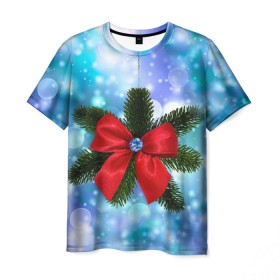 Мужская футболка 3D с принтом Новогодний бантик в Тюмени, 100% полиэфир | прямой крой, круглый вырез горловины, длина до линии бедер | christmas | cookie | gift | gingerbread | new | present | snow | snowflakes | three | xmas | year | год | ёлка | ель | новый | подарок | пряник | рождество | снег | снежинки | сюрприз