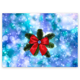 Поздравительная открытка с принтом Новогодний бантик в Тюмени, 100% бумага | плотность бумаги 280 г/м2, матовая, на обратной стороне линовка и место для марки
 | Тематика изображения на принте: christmas | cookie | gift | gingerbread | new | present | snow | snowflakes | three | xmas | year | год | ёлка | ель | новый | подарок | пряник | рождество | снег | снежинки | сюрприз