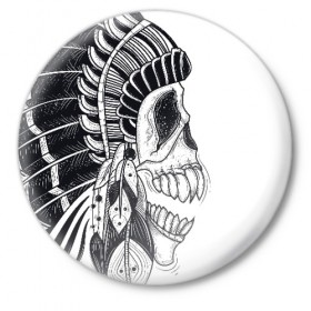 Значок с принтом Индейский демон в Тюмени,  металл | круглая форма, металлическая застежка в виде булавки | indian | skeleton | skull | демон | индеец | перья | скелет | череп