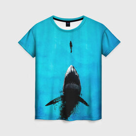 Женская футболка 3D с принтом Акула на охоте в Тюмени, 100% полиэфир ( синтетическое хлопкоподобное полотно) | прямой крой, круглый вырез горловины, длина до линии бедер | акула | женщина | море | охота | рыба | хищник