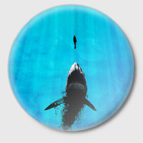 Значок с принтом Акула на охоте в Тюмени,  металл | круглая форма, металлическая застежка в виде булавки | акула | женщина | море | охота | рыба | хищник