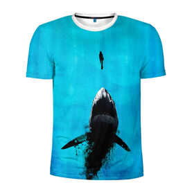 Мужская футболка 3D спортивная с принтом Акула на охоте в Тюмени, 100% полиэстер с улучшенными характеристиками | приталенный силуэт, круглая горловина, широкие плечи, сужается к линии бедра | акула | женщина | море | охота | рыба | хищник