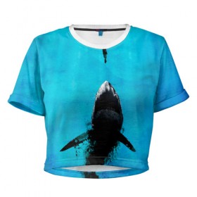 Женская футболка Cropp-top с принтом Акула на охоте в Тюмени, 100% полиэстер | круглая горловина, длина футболки до линии талии, рукава с отворотами | акула | женщина | море | охота | рыба | хищник