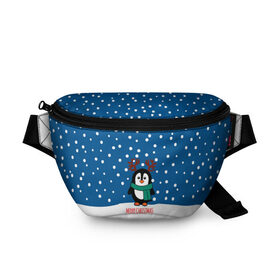 Поясная сумка 3D с принтом Праздничный пингвинчик в Тюмени, 100% полиэстер | плотная ткань, ремень с регулируемой длиной, внутри несколько карманов для мелочей, основное отделение и карман с обратной стороны сумки застегиваются на молнию | christmas | deer | new | pinguin | snow | snowflakes | winter | xmas | year | год | зима | новый | олень | пингвин | рождество | снег | снежинки