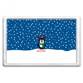 Магнит 45*70 с принтом Праздничный пингвинчик в Тюмени, Пластик | Размер: 78*52 мм; Размер печати: 70*45 | Тематика изображения на принте: christmas | deer | new | pinguin | snow | snowflakes | winter | xmas | year | год | зима | новый | олень | пингвин | рождество | снег | снежинки