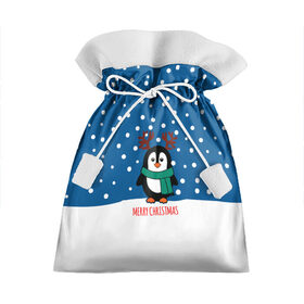 Подарочный 3D мешок с принтом Праздничный пингвинчик в Тюмени, 100% полиэстер | Размер: 29*39 см | Тематика изображения на принте: christmas | deer | new | pinguin | snow | snowflakes | winter | xmas | year | год | зима | новый | олень | пингвин | рождество | снег | снежинки