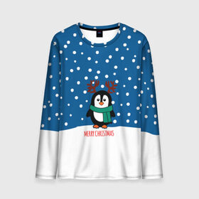 Мужской лонгслив 3D с принтом Праздничный пингвинчик в Тюмени, 100% полиэстер | длинные рукава, круглый вырез горловины, полуприлегающий силуэт | christmas | deer | new | pinguin | snow | snowflakes | winter | xmas | year | год | зима | новый | олень | пингвин | рождество | снег | снежинки