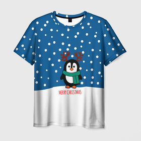 Мужская футболка 3D с принтом Праздничный пингвинчик в Тюмени, 100% полиэфир | прямой крой, круглый вырез горловины, длина до линии бедер | christmas | deer | new | pinguin | snow | snowflakes | winter | xmas | year | год | зима | новый | олень | пингвин | рождество | снег | снежинки