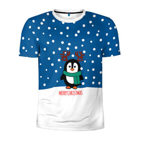 Мужская футболка 3D спортивная с принтом Праздничный пингвинчик в Тюмени, 100% полиэстер с улучшенными характеристиками | приталенный силуэт, круглая горловина, широкие плечи, сужается к линии бедра | Тематика изображения на принте: christmas | deer | new | pinguin | snow | snowflakes | winter | xmas | year | год | зима | новый | олень | пингвин | рождество | снег | снежинки