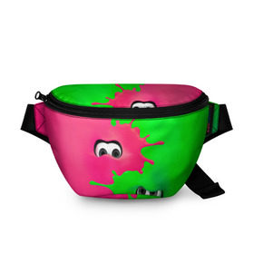 Поясная сумка 3D с принтом Splatoon в Тюмени, 100% полиэстер | плотная ткань, ремень с регулируемой длиной, внутри несколько карманов для мелочей, основное отделение и карман с обратной стороны сумки застегиваются на молнию | брызги | глаза | зеленый | игра | краски | розовый | салатовый