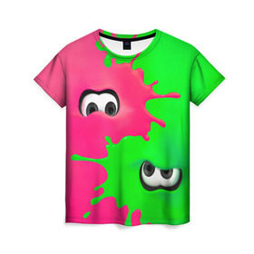 Женская футболка 3D с принтом Splatoon в Тюмени, 100% полиэфир ( синтетическое хлопкоподобное полотно) | прямой крой, круглый вырез горловины, длина до линии бедер | Тематика изображения на принте: брызги | глаза | зеленый | игра | краски | розовый | салатовый