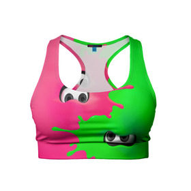 Женский спортивный топ 3D с принтом Splatoon в Тюмени, 82% полиэстер, 18% спандекс Ткань безопасна для здоровья, позволяет коже дышать, не мнется и не растягивается |  | брызги | глаза | зеленый | игра | краски | розовый | салатовый