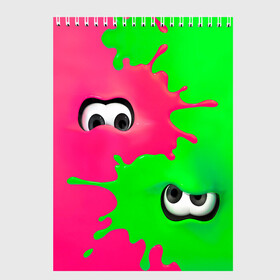 Скетчбук с принтом Splatoon в Тюмени, 100% бумага
 | 48 листов, плотность листов — 100 г/м2, плотность картонной обложки — 250 г/м2. Листы скреплены сверху удобной пружинной спиралью | брызги | глаза | зеленый | игра | краски | розовый | салатовый