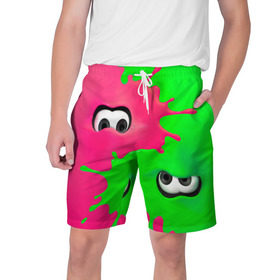 Мужские шорты 3D с принтом Splatoon в Тюмени,  полиэстер 100% | прямой крой, два кармана без застежек по бокам. Мягкая трикотажная резинка на поясе, внутри которой широкие завязки. Длина чуть выше колен | брызги | глаза | зеленый | игра | краски | розовый | салатовый