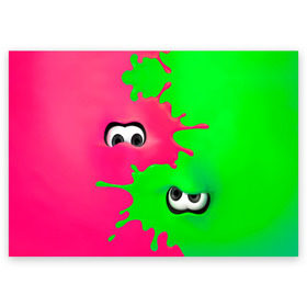 Поздравительная открытка с принтом Splatoon в Тюмени, 100% бумага | плотность бумаги 280 г/м2, матовая, на обратной стороне линовка и место для марки
 | Тематика изображения на принте: брызги | глаза | зеленый | игра | краски | розовый | салатовый