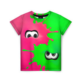 Детская футболка 3D с принтом Splatoon в Тюмени, 100% гипоаллергенный полиэфир | прямой крой, круглый вырез горловины, длина до линии бедер, чуть спущенное плечо, ткань немного тянется | Тематика изображения на принте: брызги | глаза | зеленый | игра | краски | розовый | салатовый