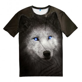 Мужская футболка 3D с принтом Голубоглазый волк в Тюмени, 100% полиэфир | прямой крой, круглый вырез горловины, длина до линии бедер | волк | глаза | охотник | серый | хищник
